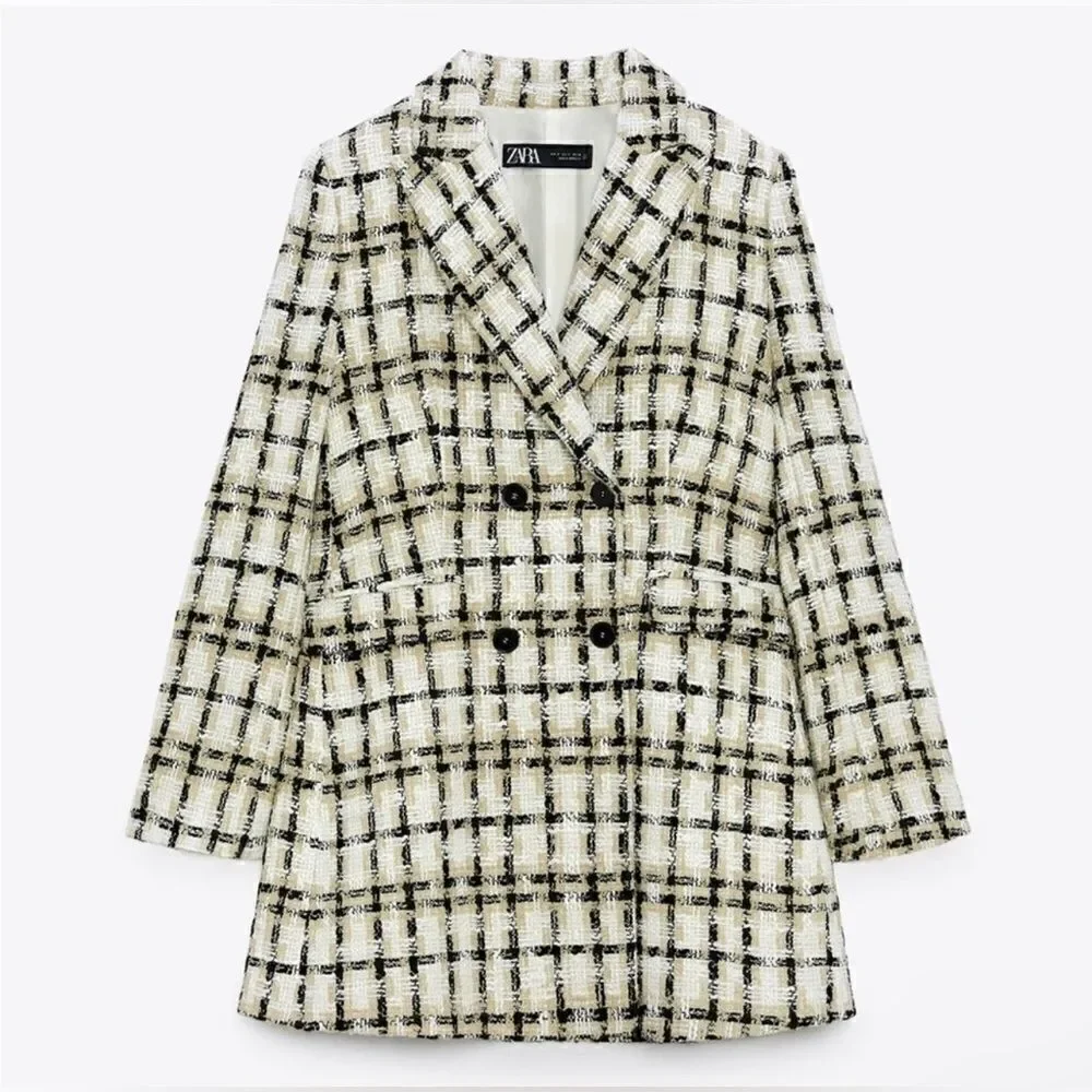 Zara Taupe Brown Textured Plaid Longline Blazer - Size M, Chic Lapel Collar!